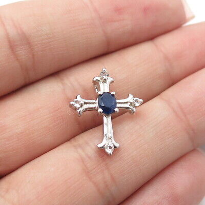 Chuck Clemency 925 Sterling Silver Real White Topaz & Sapphire Gem Cross
